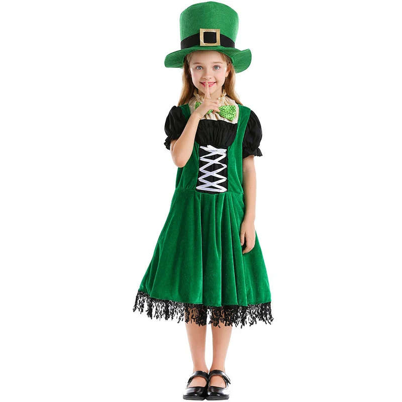 Mädchen Leprechaun Kostüm mit grünem Hut und Fransen Drune