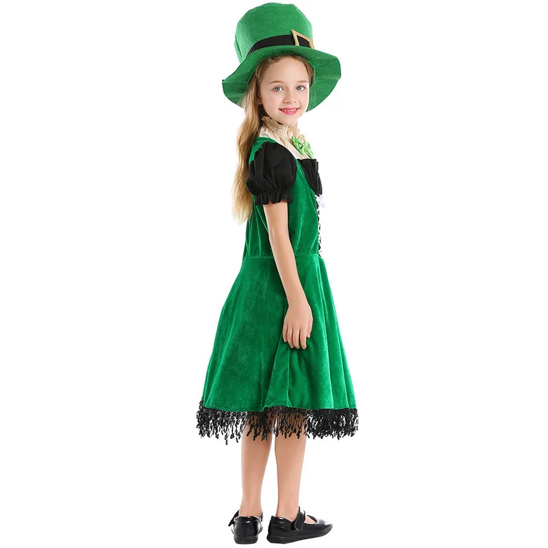 Mädchen Leprechaun Kostüm mit grünem Hut und Fransen Drune