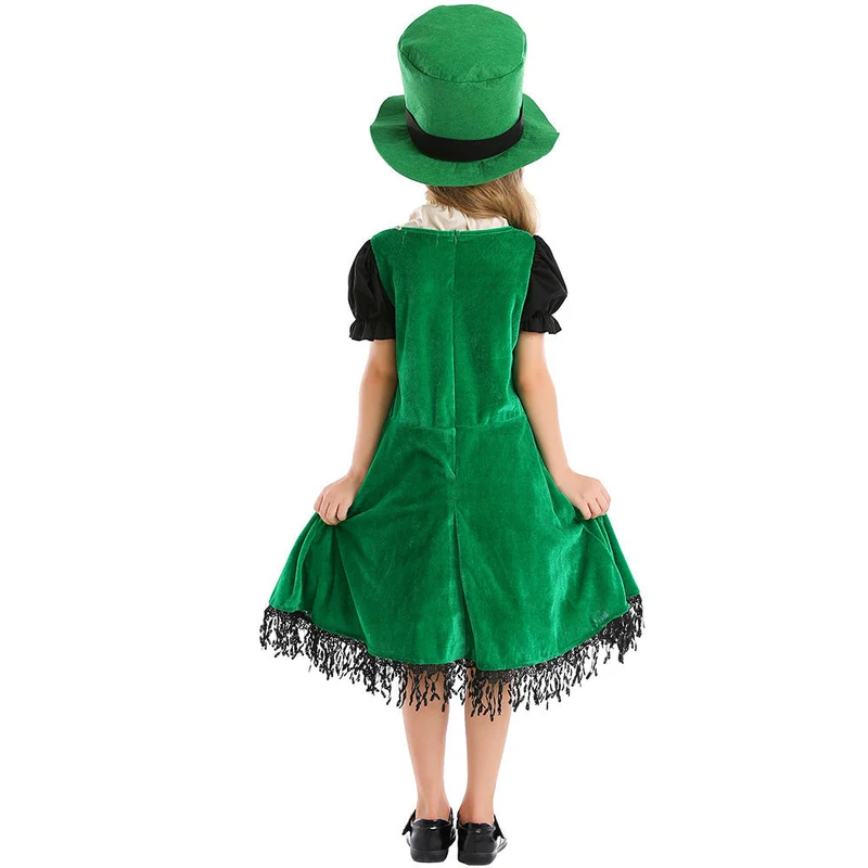 Mädchen Leprechaun Kostüm mit grünem Hut und Fransen Drune