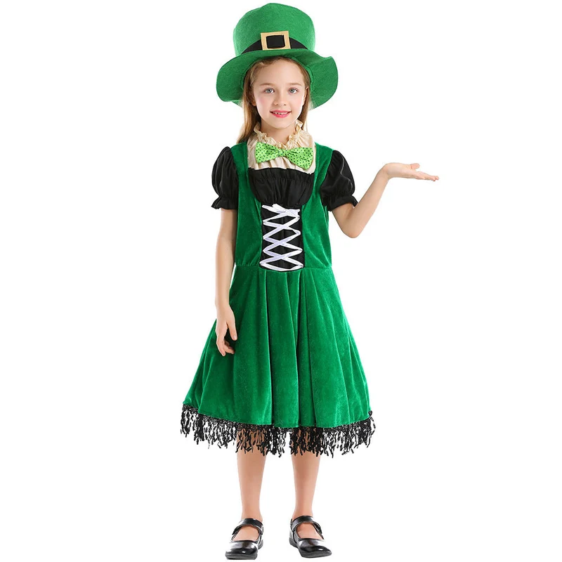 Mädchen Leprechaun Kostüm mit grünem Hut und Fransen Drune