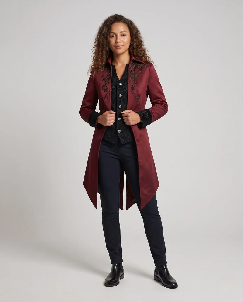 Damen eleganter Gothic-Mantel mit kunstvollen Verzierungen und asymmetrischem Saum Drune