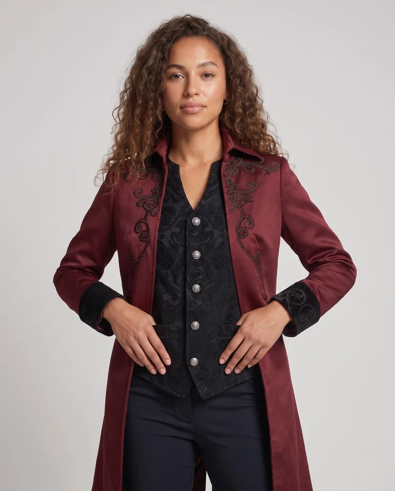 Damen eleganter Gothic-Mantel mit kunstvollen Verzierungen und asymmetrischem Saum Drune
