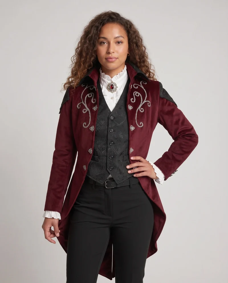 Damen eleganter Gothic-Mantel mit kunstvollen Verzierungen und asymmetrischem Schnitt Drune