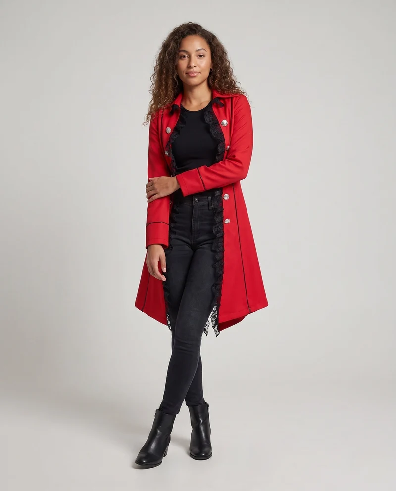 Damen Eleganter Gothic-Mantel mit Rüschendetails und kunstvollen Knöpfen Drune