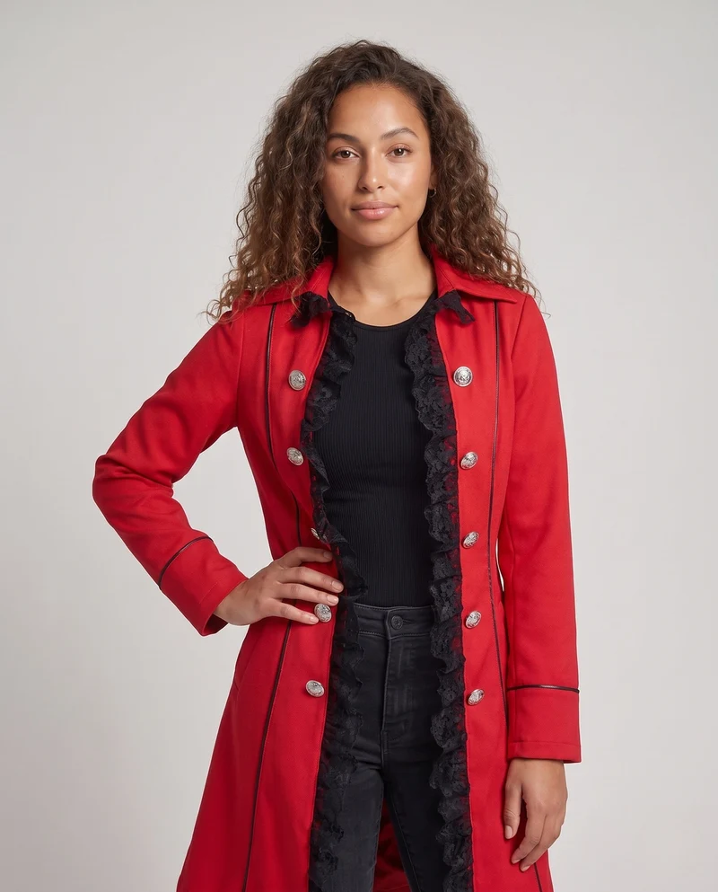 Damen Eleganter Gothic-Mantel mit Rüschendetails und kunstvollen Knöpfen Drune