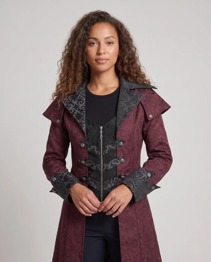 Damen Eleganter Gothik-Mantel mit floralem Muster und hohem Kragen Drune