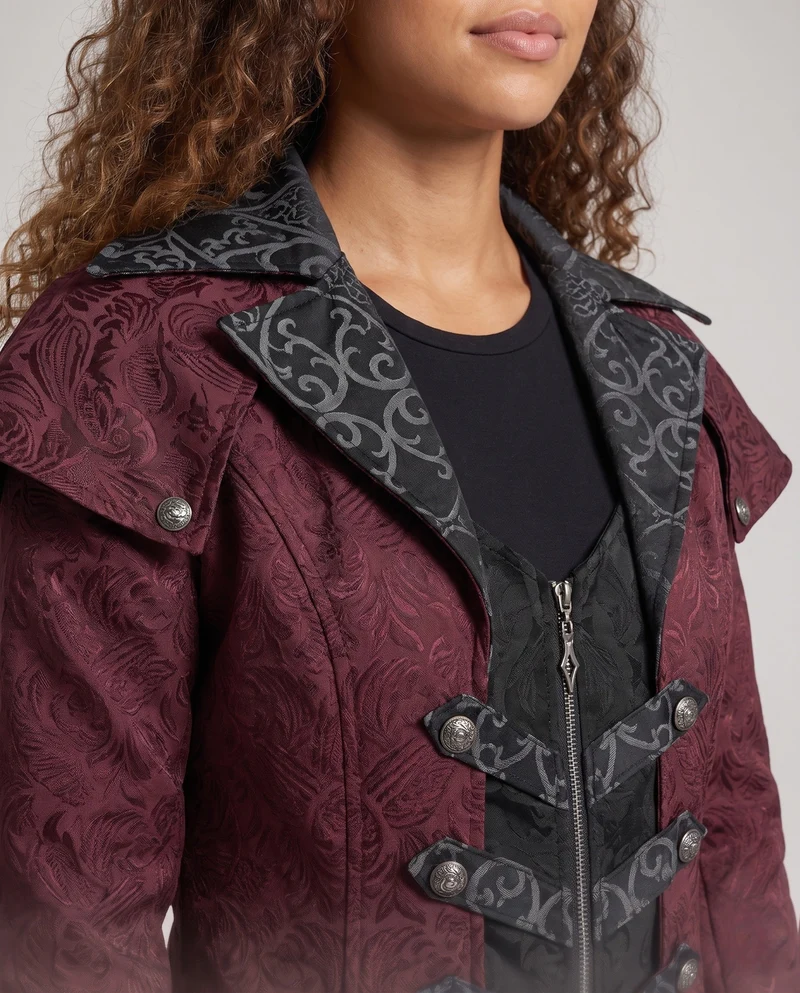 Damen Eleganter Gothik-Mantel mit floralem Muster und hohem Kragen Drune