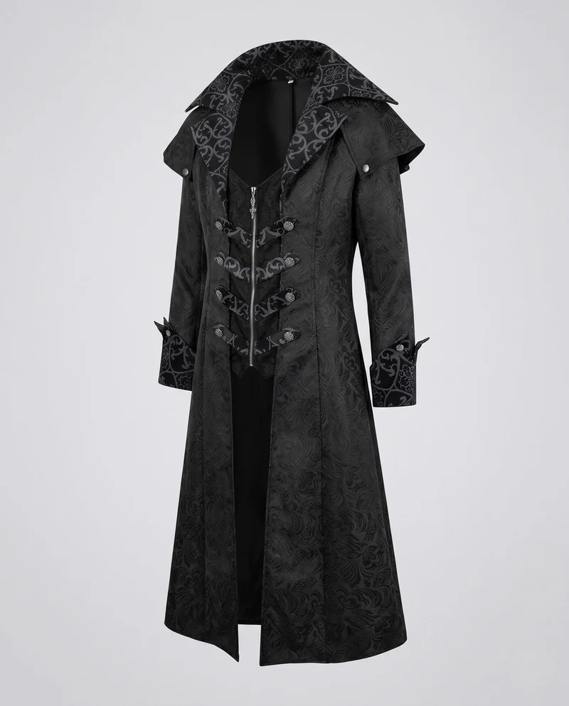 Damen Eleganter Gothik-Mantel mit floralem Muster und hohem Kragen Drune
