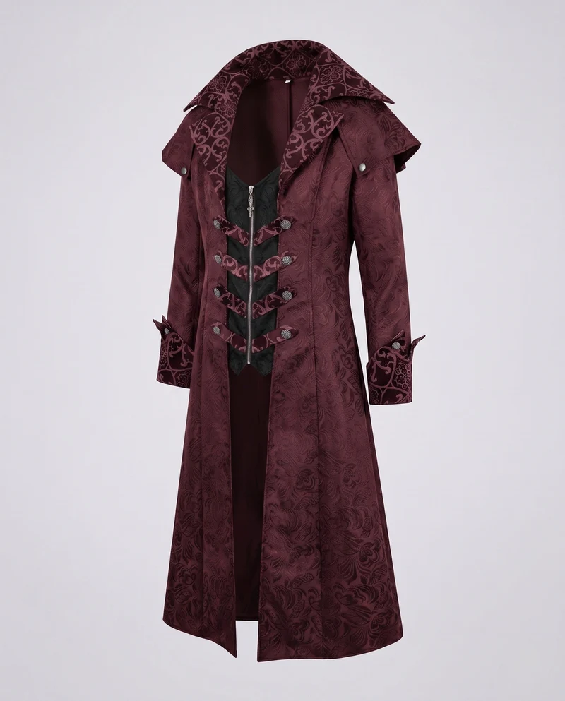 Damen Eleganter Gothik-Mantel mit floralem Muster und hohem Kragen Drune