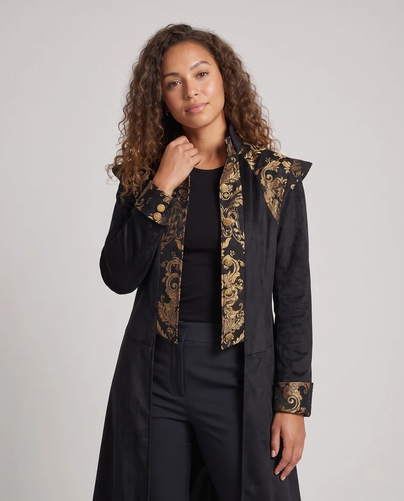 Damen Eleganter Langmantel mit kunstvoller Verzierungen und Stehkragen Drune