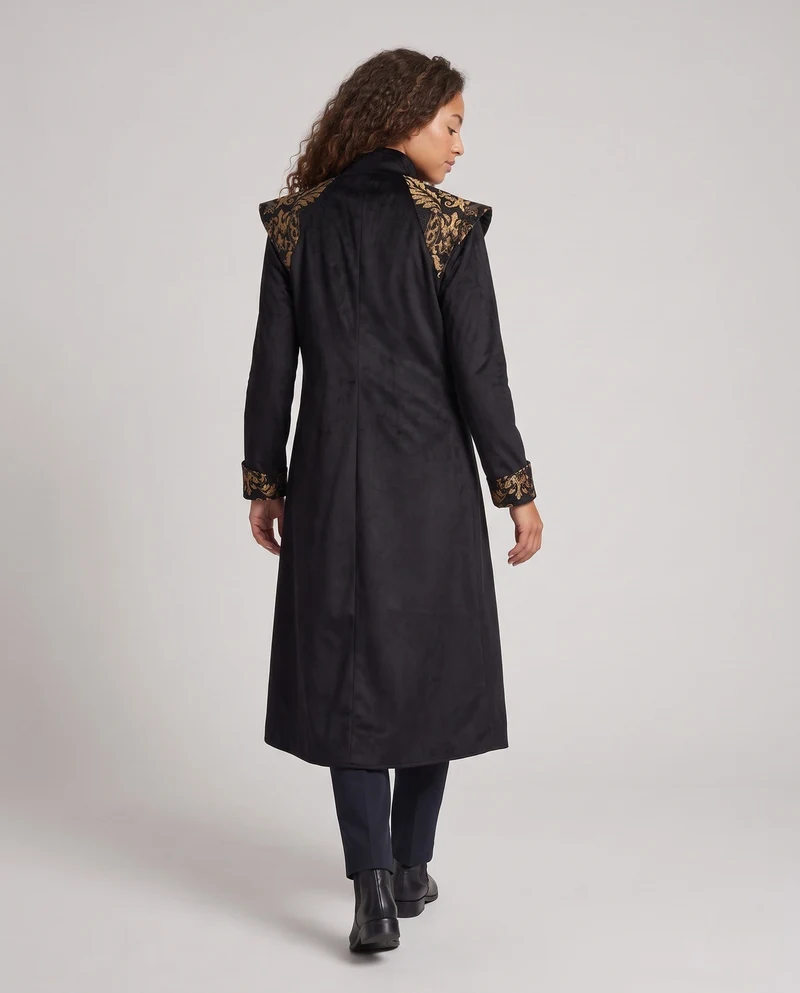 Damen Eleganter Langmantel mit kunstvoller Verzierungen und Stehkragen Drune
