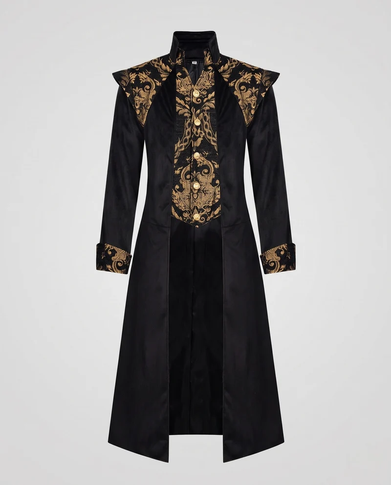 Damen Eleganter Langmantel mit kunstvoller Verzierungen und Stehkragen Drune
