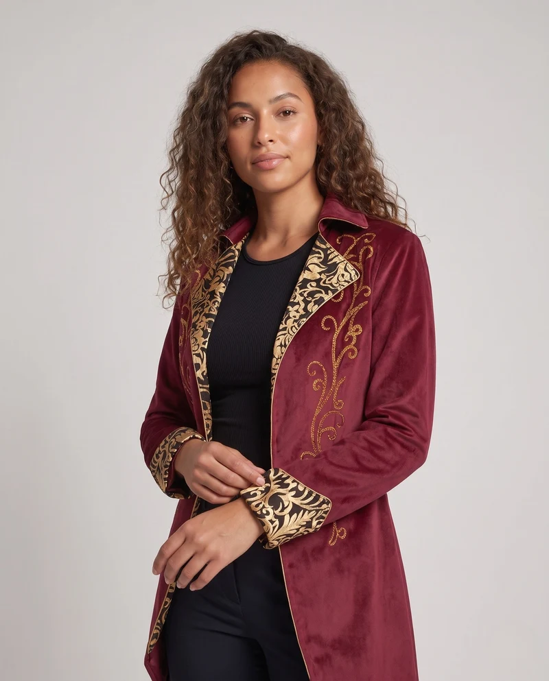Damen Eleganter Samt-Mantel mit kunstvollen Verzierungen Drune