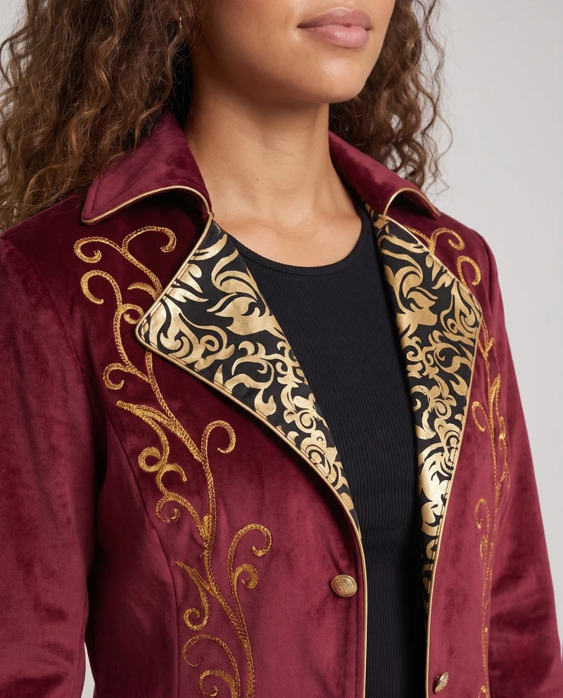 Damen Eleganter Samt-Mantel mit kunstvollen Verzierungen Drune