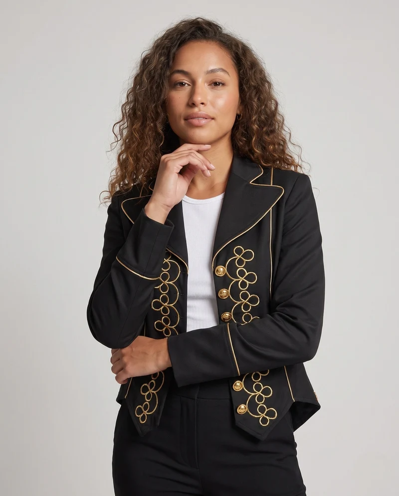 Damen Eleganter Satinblazer mit kunstvollen goldenen Verzierungen Drune