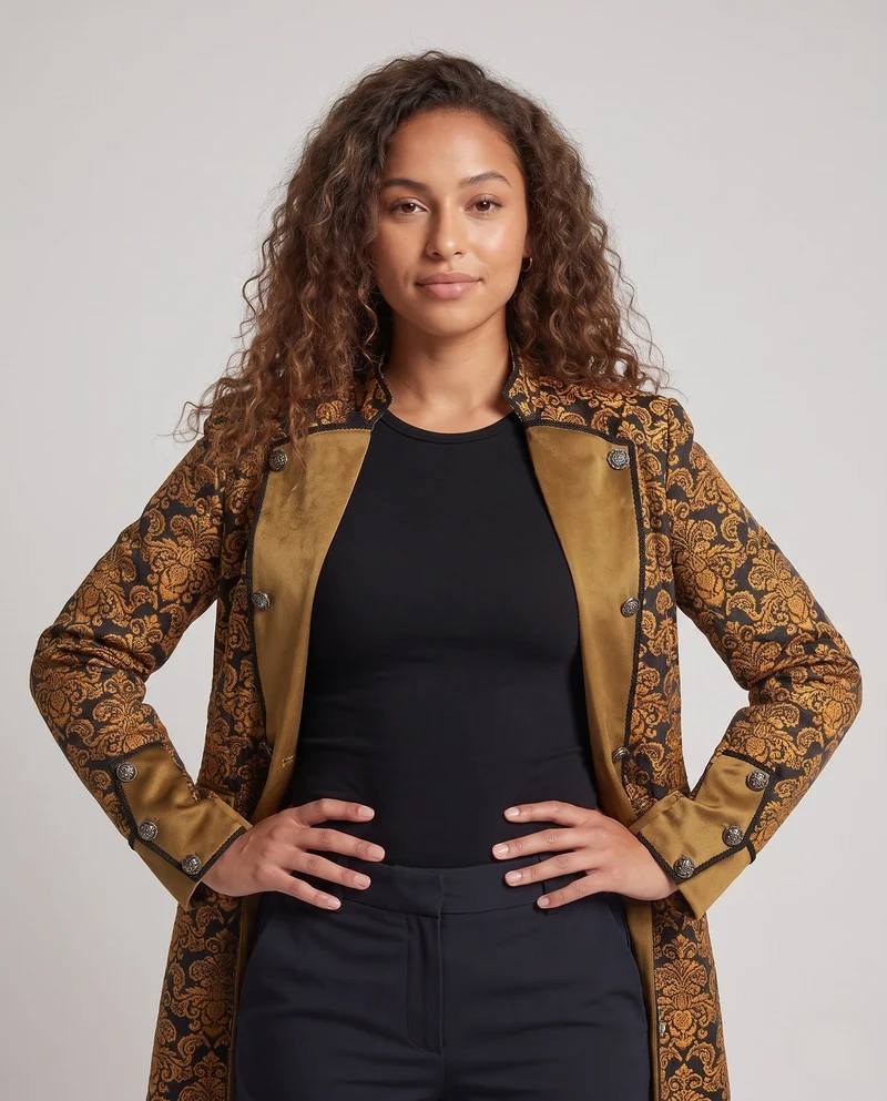 Damen Eleganter Stehkragen-Mantel mit kunstvollem Muster und verziertem Saum Drune