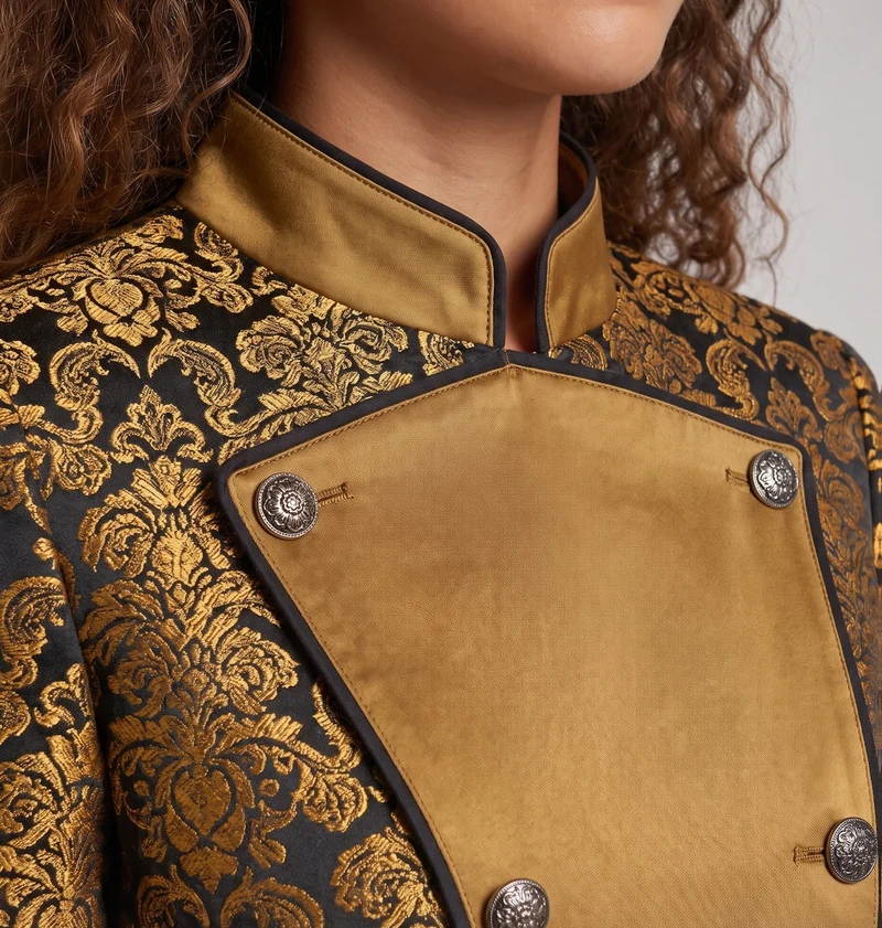 Damen Eleganter Stehkragen-Mantel mit kunstvollem Muster und verziertem Saum Drune