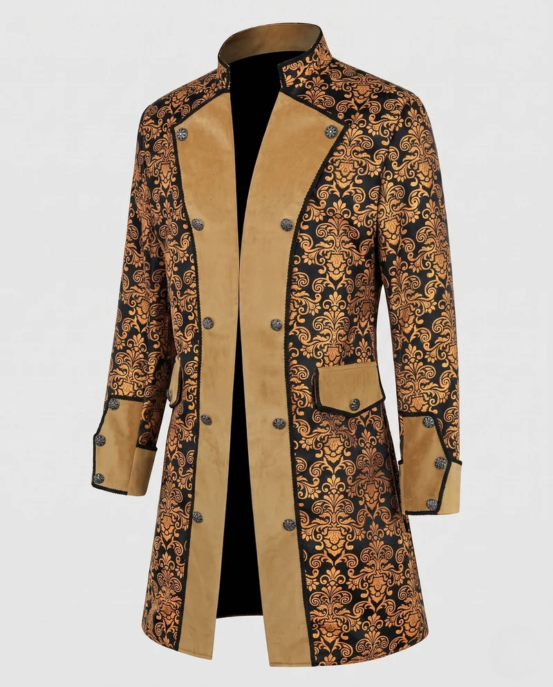 Damen Eleganter Stehkragen-Mantel mit kunstvollem Muster und verziertem Saum Drune