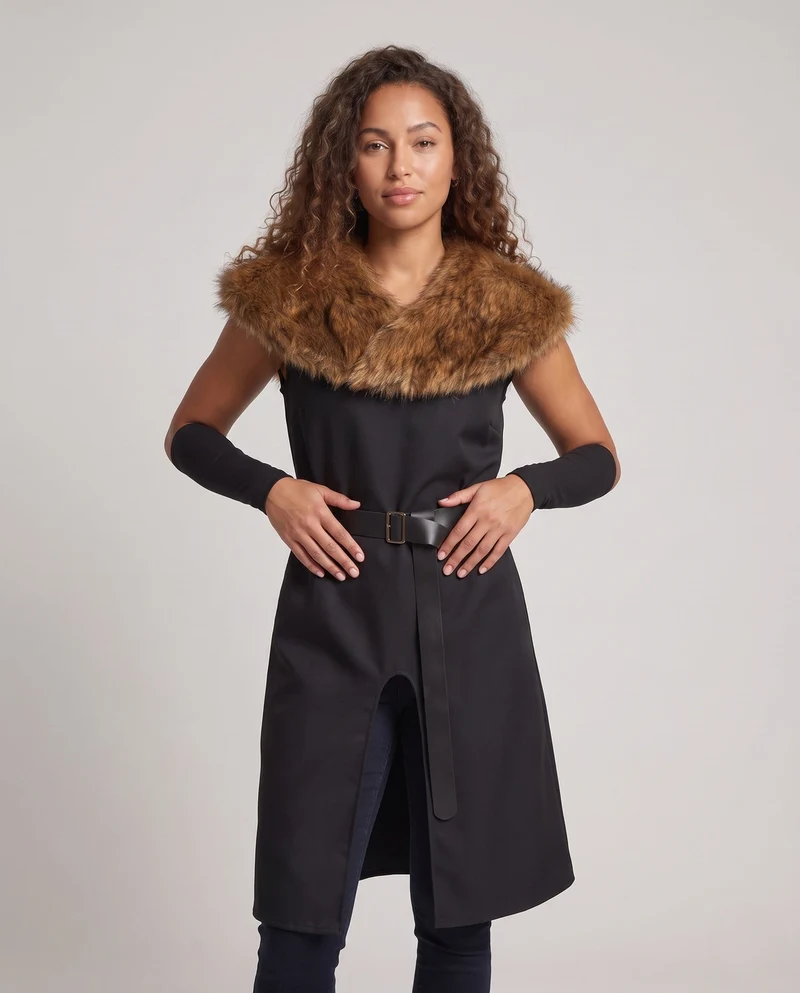 Damen Eleganter Umhang mit luxuriösem Fellkragen und Gürtel Drune