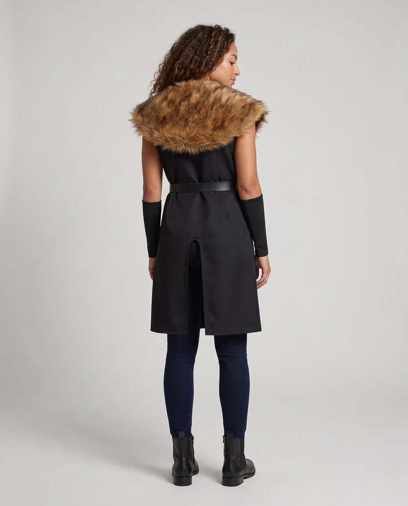 Damen Eleganter Umhang mit luxuriösem Fellkragen und Gürtel Drune