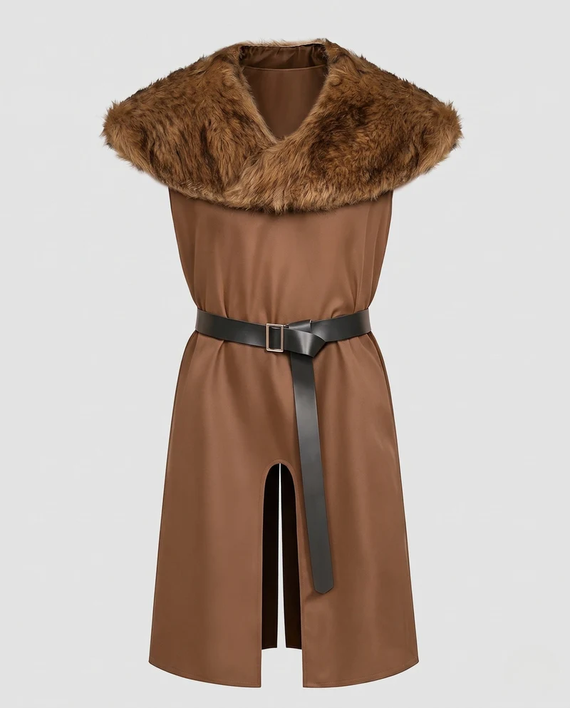 Damen Eleganter Umhang mit luxuriösem Fellkragen und Gürtel Drune