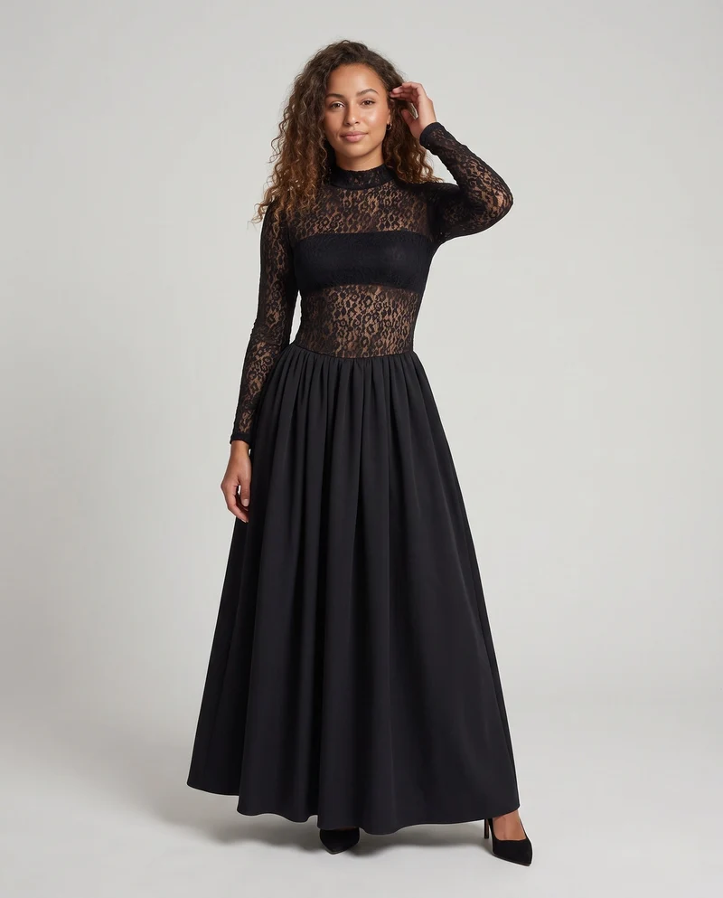 Damen Elegantes Abendkleid mit transparenten Ärmeln und weichem Rock Drune