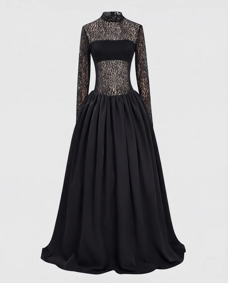 Damen Elegantes Abendkleid mit transparenten Ärmeln und weichem Rock Drune