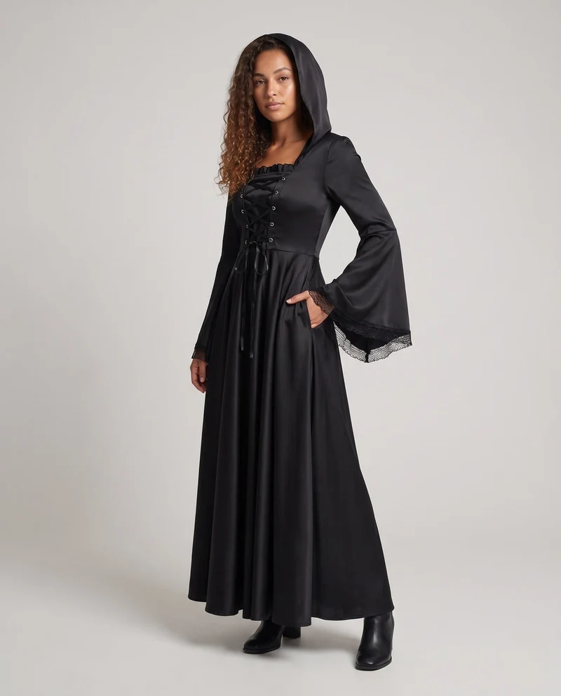 Damen Elegantes Kapuzenkleid mit weiterem Ärmel und Schnürung Drune