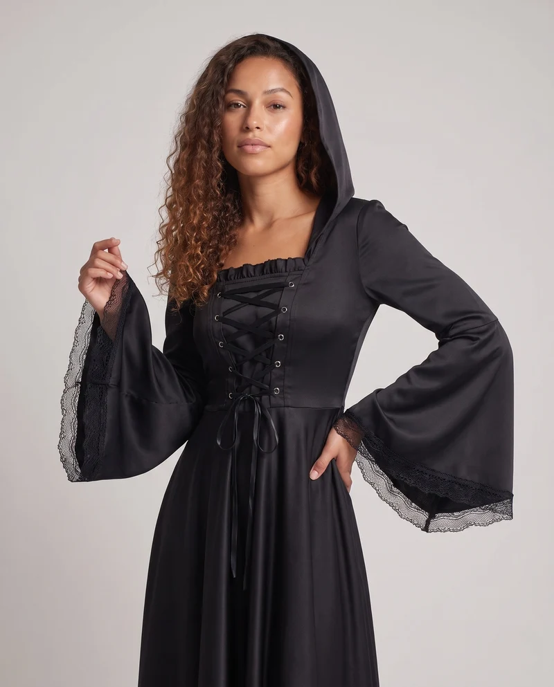 Damen Elegantes Kapuzenkleid mit weiterem Ärmel und Schnürung Drune