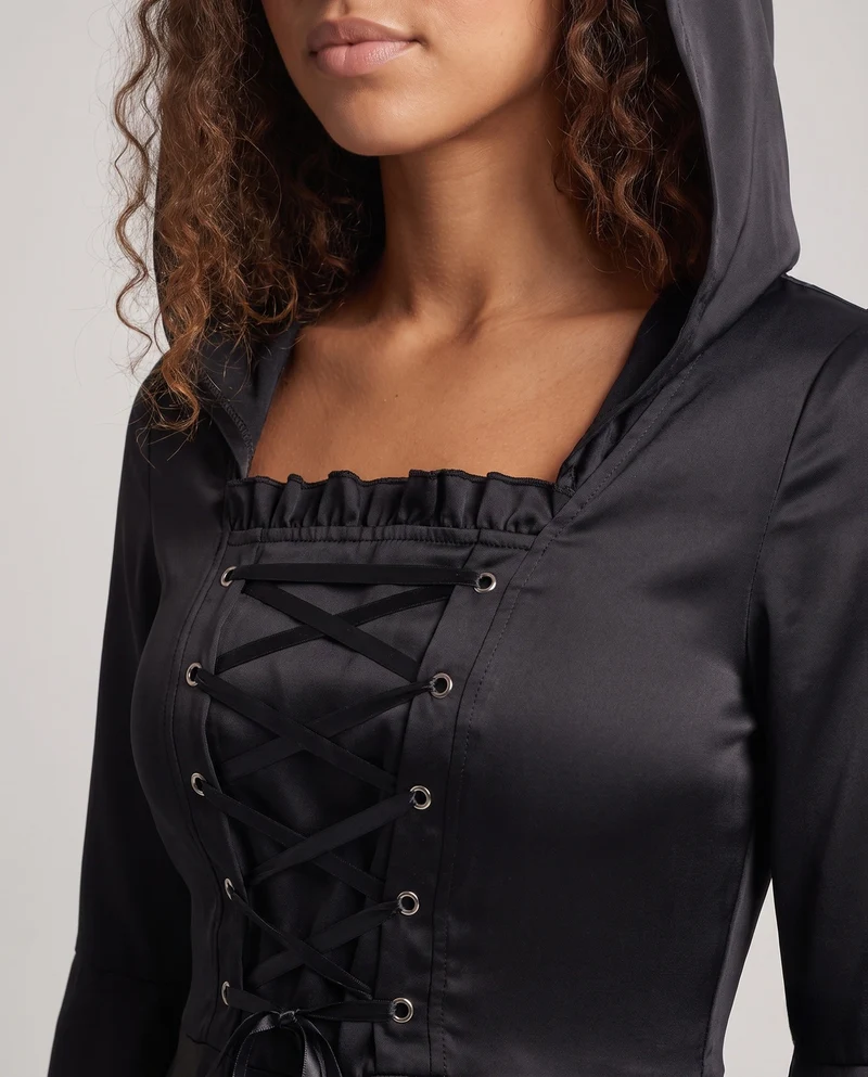 Damen Elegantes Kapuzenkleid mit weiterem Ärmel und Schnürung Drune