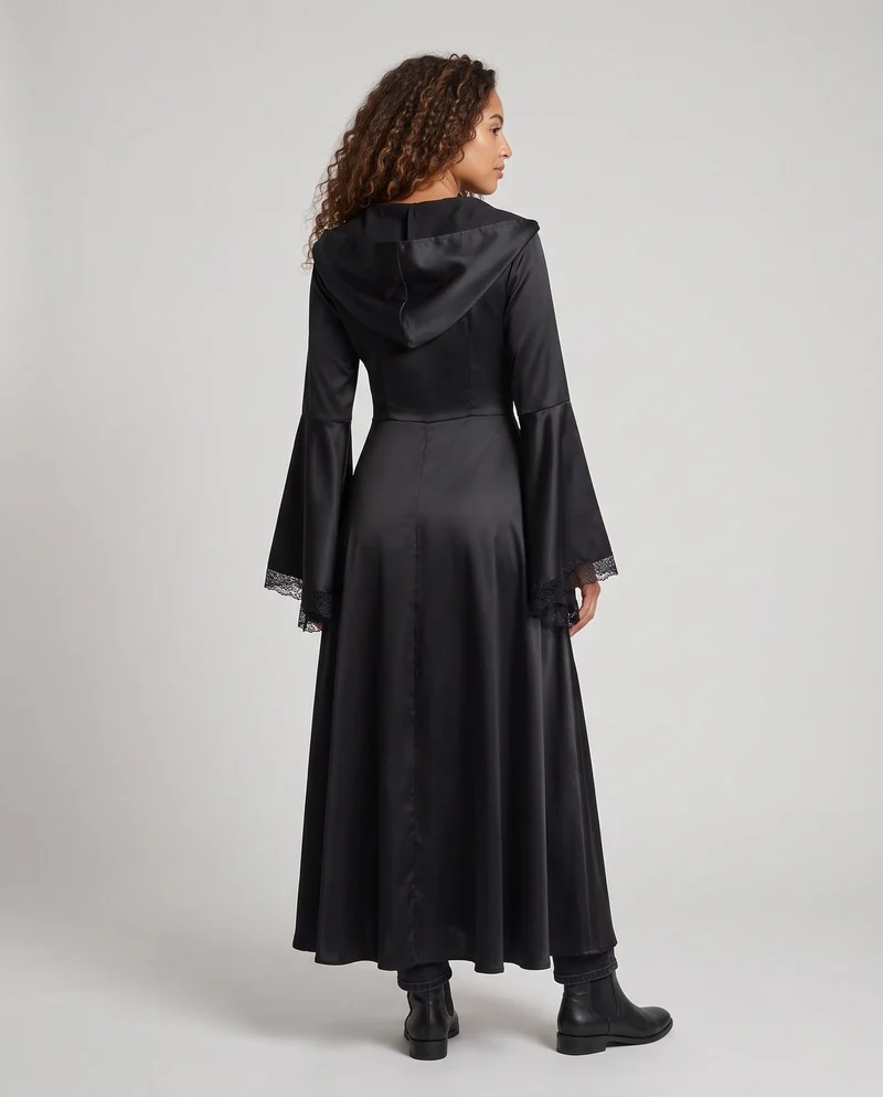 Damen Elegantes Kapuzenkleid mit weiterem Ärmel und Schnürung Drune