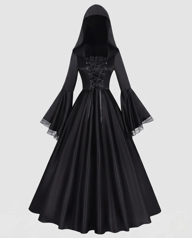 Damen Elegantes Kapuzenkleid mit weiterem Ärmel und Schnürung Drune
