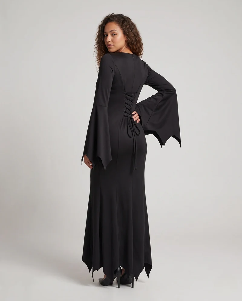 Damen Elegantes Langarm Maxikleid mit schwingendem Saum und weit ausgestellten Ärmeln Drune