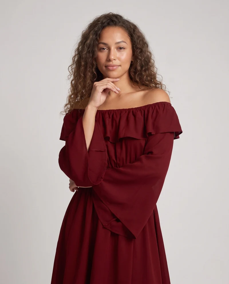 Damen Elegantes Maxikleid mit schickem Wasserfallausschnitt und weiten Ärmeln Drune