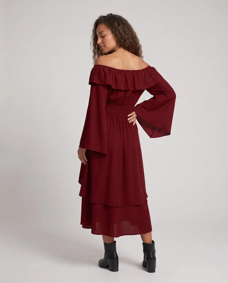Damen Elegantes Maxikleid mit schickem Wasserfallausschnitt und weiten Ärmeln Drune