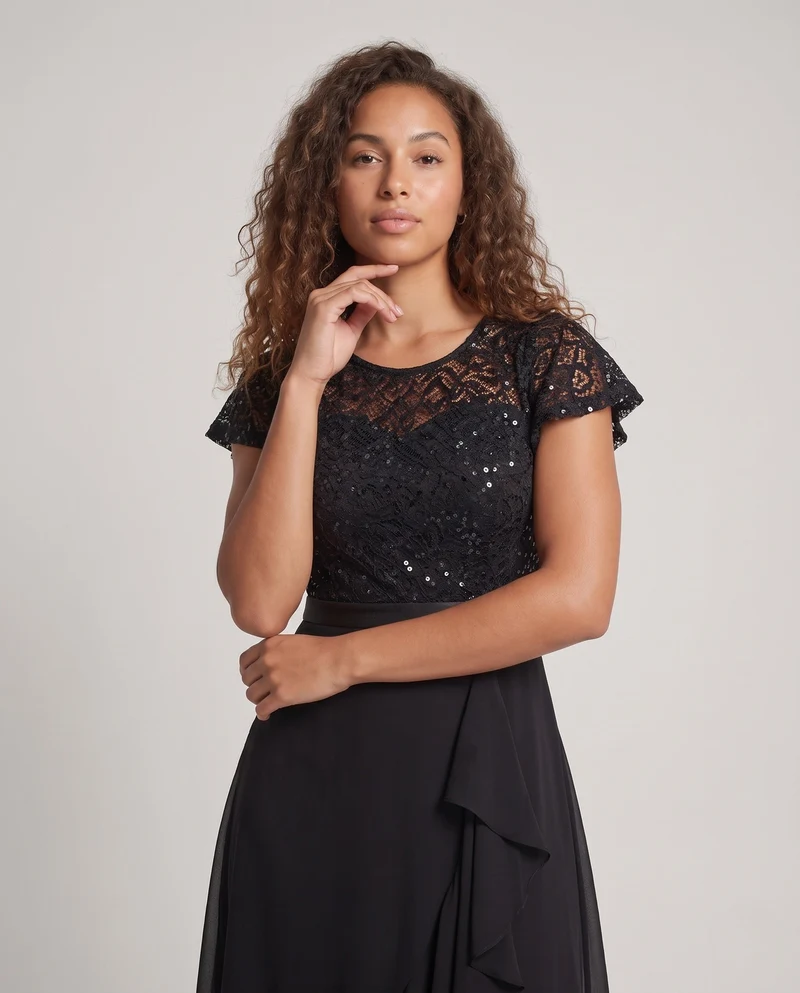 Damen Elegantes Maxikleid mit Spitzenoberteil und Fließendem Saum Drune