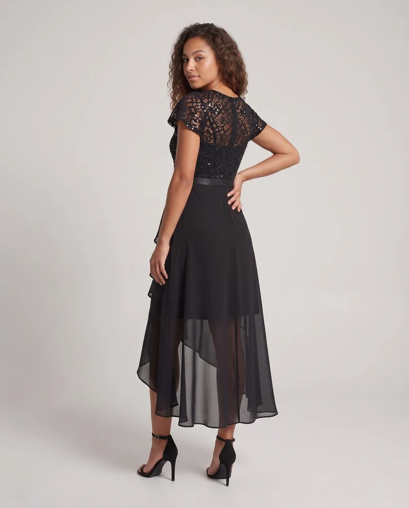 Damen Elegantes Maxikleid mit Spitzenoberteil und Fließendem Saum Drune