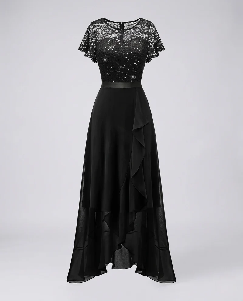 Damen Elegantes Maxikleid mit Spitzenoberteil und Fließendem Saum Drune