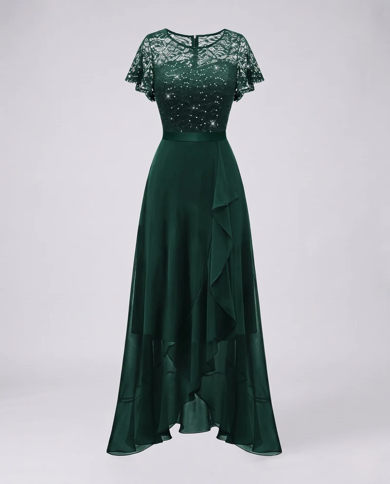 Damen Elegantes Maxikleid mit Spitzenoberteil und Fließendem Saum Drune