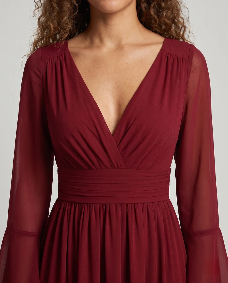Damen Elegantes Maxikleid mit transparenten Ärmel und V-Ausschnitt Drune