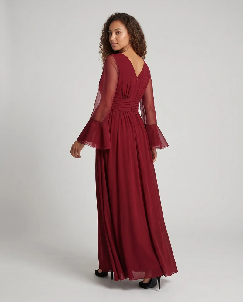 Damen Elegantes Maxikleid mit transparenten Ärmel und V-Ausschnitt Drune