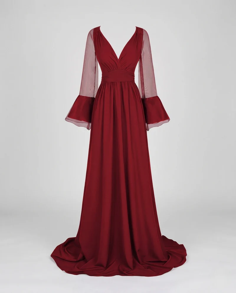 Damen Elegantes Maxikleid mit transparenten Ärmel und V-Ausschnitt Drune