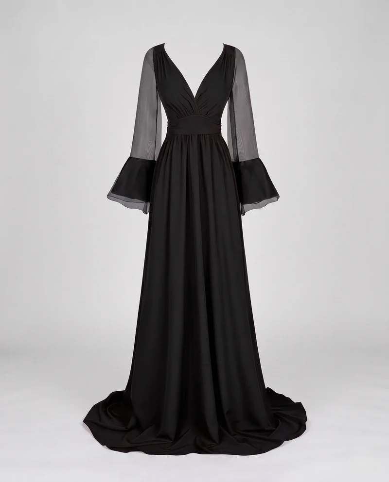 Damen Elegantes Maxikleid mit transparenten Ärmel und V-Ausschnitt Drune