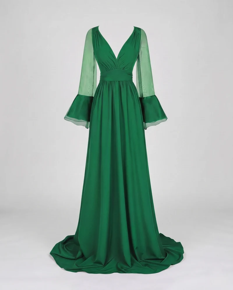 Damen Elegantes Maxikleid mit transparenten Ärmel und V-Ausschnitt Drune