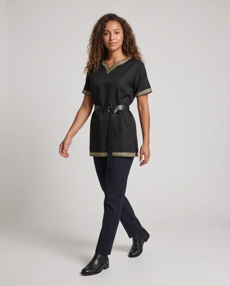 Damen Elegantes Tunika-Kleid mit dekorativem Saum und Gürtel Drune
