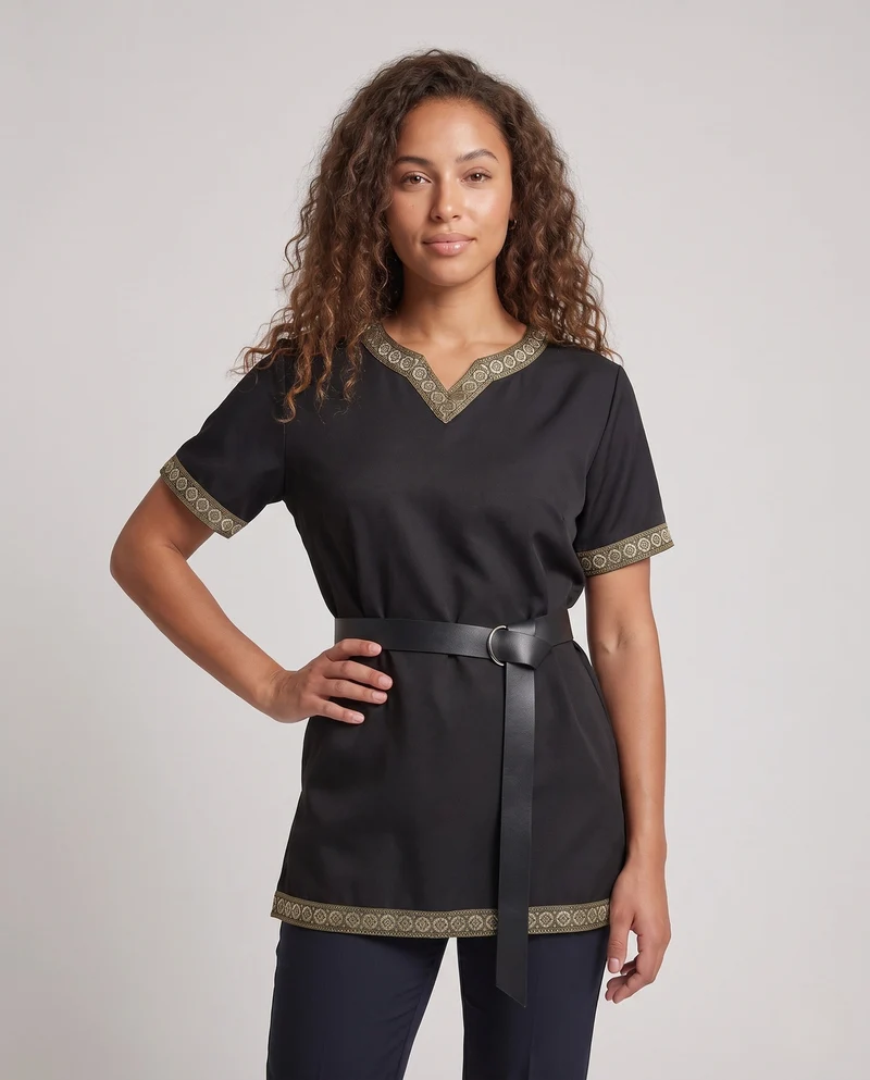 Damen Elegantes Tunika-Kleid mit dekorativem Saum und Gürtel Drune