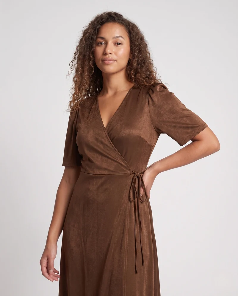 Damen Elegantes Wickelkleid mit Puffärmeln und fließendem Saum Drune