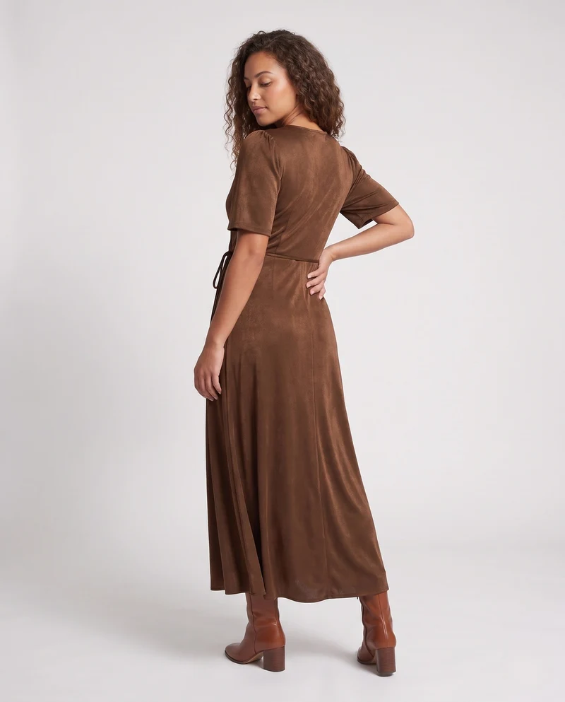 Damen Elegantes Wickelkleid mit Puffärmeln und fließendem Saum Drune