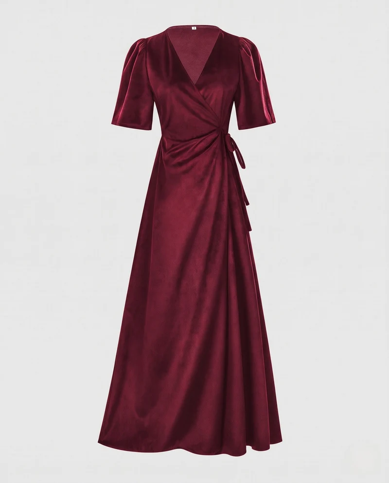 Damen Elegantes Wickelkleid mit Puffärmeln und fließendem Saum Drune