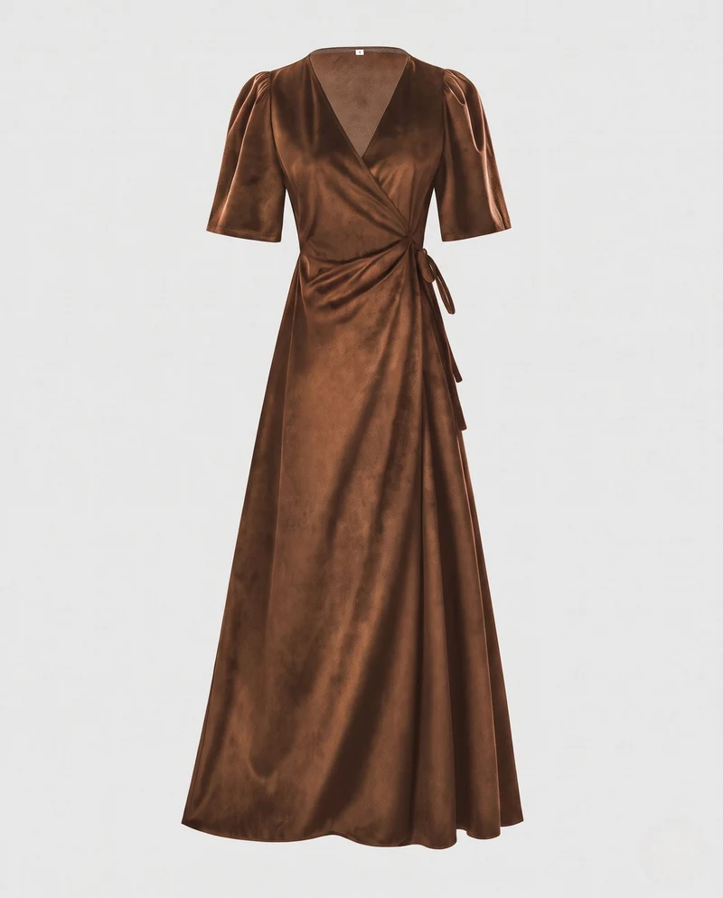 Damen Elegantes Wickelkleid mit Puffärmeln und fließendem Saum Drune